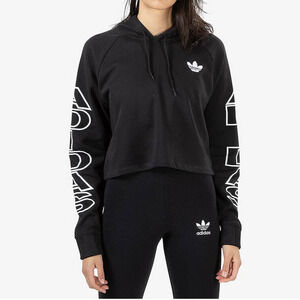 NEW adidas Cropped Hoodie Women’s Pullover Black White Logo Size Medium H15775